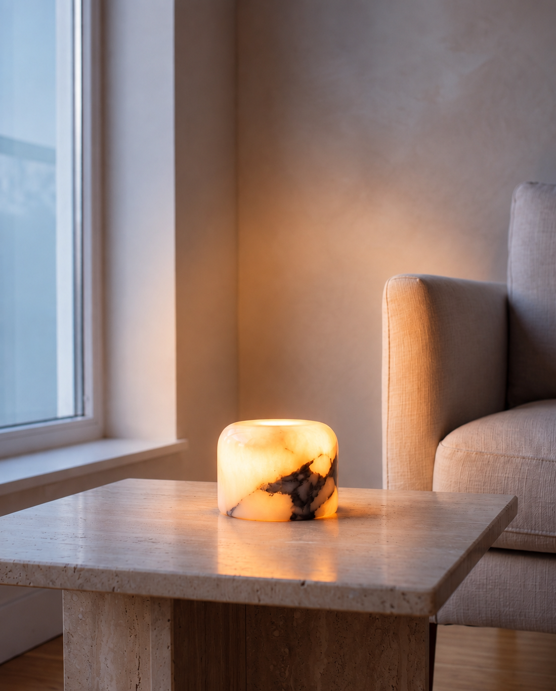La lampe Albéa allumée, lumière ambrée à travers la pierre