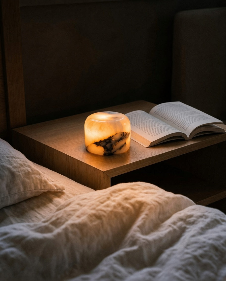 Lampe Albéa sur une table de chevet, livre ouvert