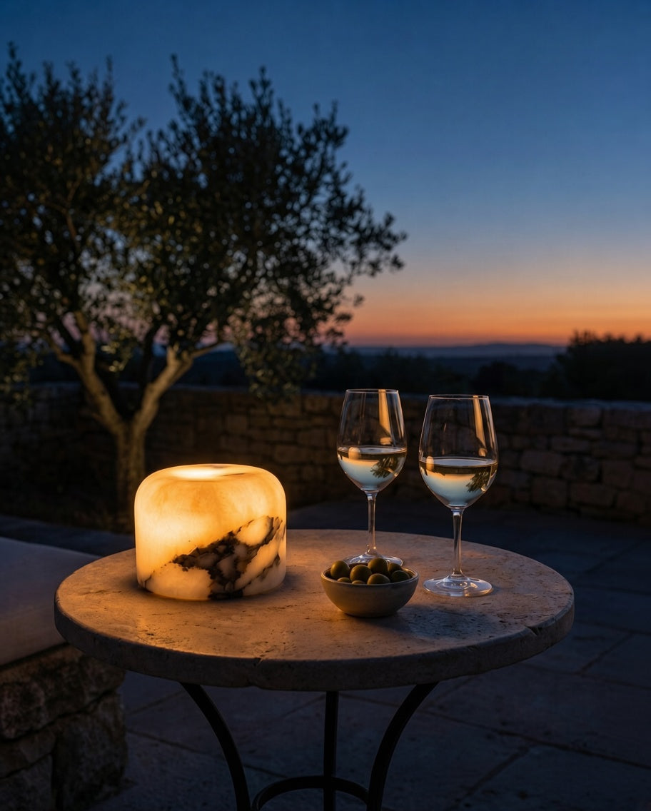 Lampe Albéa allumée sur une terrasse au crépuscule